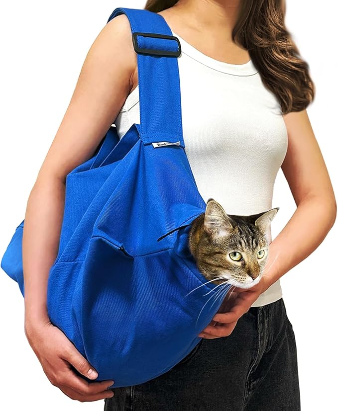 Cat Carrier Pouch for Small Cats Under 10 lbs, Soft Cat Carrier with Upgraded Adjustable Strap, Durable Cotton Cat Bag for Nail Trimming, Medication & Vet Visits – Klein Blue