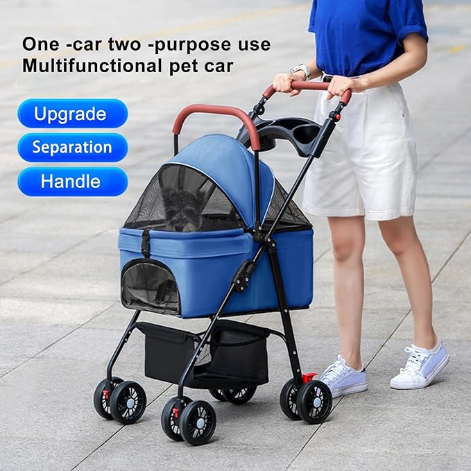 Pet Stroller for Medium Small Dogs/Cats - 4 Wheels Foldable Dog Stroller with Storage Basket,Dog/Cat Carrier,Adjustable Handle,Folding Puppy Carrier Suitable for Traveling with Cats and Dogs (Blue)