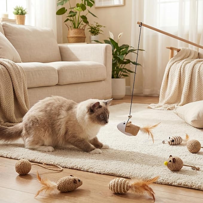 Leitee 20pcs Cat Interactive Toys Set Wooden Cats Teaser Wand Toy with Feather Handle Chew Rope Mouse Sisal Balls with Bells for Indoor Kitten Play Chase Exercise (Wooden Cat Wands Toys)