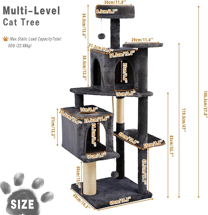 Large Cat Tree, 57.8" Tall, Dark Grey, Multi-Level Cat Furniture with Condos, Scratching Posts, Beds, Pompoms, Sisal Rope, Indoor, Durable