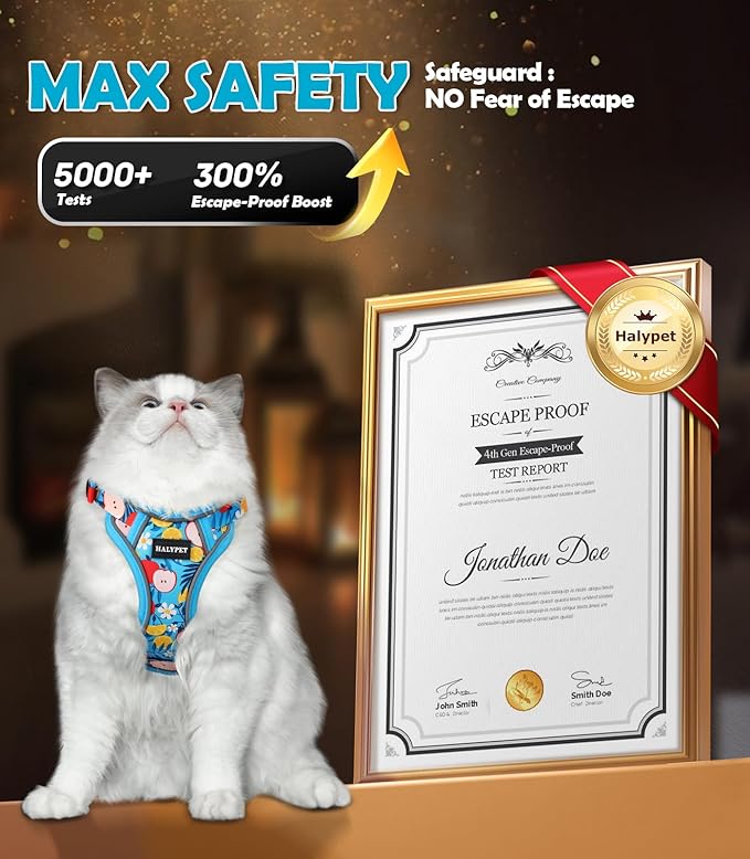 Halypet Cat Harness and Leash Set[MAX Safety 4th-Gen] Cute Escape Proof Vest Harness for Girl&Boy Cat Walking, Comfortable Adjustable Leash and Reflective Strips for Outdoor Kitten, XS Azure Floral