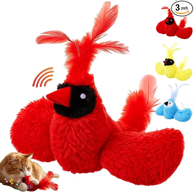 3 Pcs Bird Cat Toy with Chirping Sound, 3.15 Inch Interactive Exercise Toy with Lifelike Bird Chirp, Red Cardinal Blue Jay Goldfinch for Indoor Bored Cats Kittens, Gifts for Valentines Day