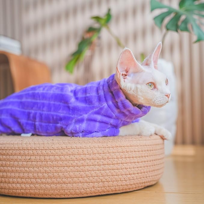 Turtleneck Sweater for Sphynx Cat Soft Coral Fleece Cat Clothes Thick Winter Warm Outfit Coat for Hairless Cats and Small Dogs Apparel with Sleeves (Purple, M (5-7 lbs))
