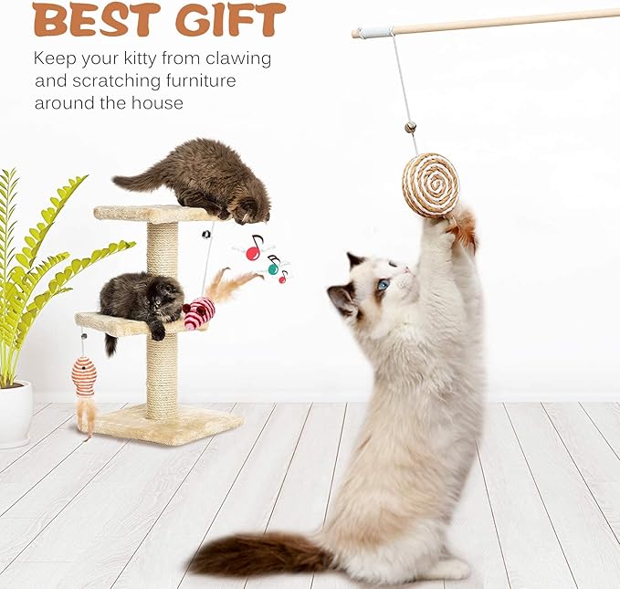 3-Pack Cat Wand Toys, 16-Inch Natural Wooden Teaser Wand with 5 Silvervine Sticks, Interactive Feather Wand for Indoor Cats