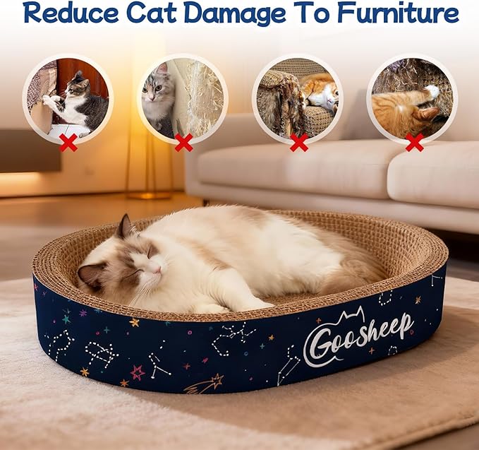 Goosheep 4-in-1 Cat Scratcher and Bed, 2 Scratching Pads & 2 Oval Loungers for Indoor Cats, Multi-Cat Household Cardboard Scratcher Furniture with Cat Bed Design to Save Your Couch