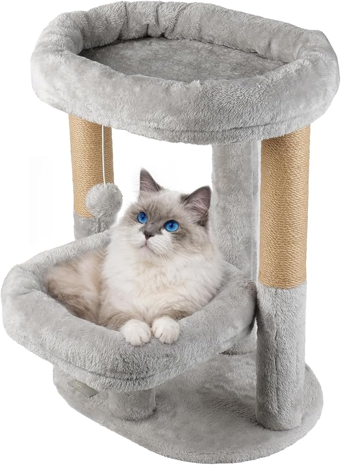Cat Tree for Indoor Cats, Compact 2-Tier Cat Tower with Padded Donut Beds, Cozy Plush Cat Perch for Small to Medium Cats, Sisal Scratching Posts & Hanging Toy (Light Grey)