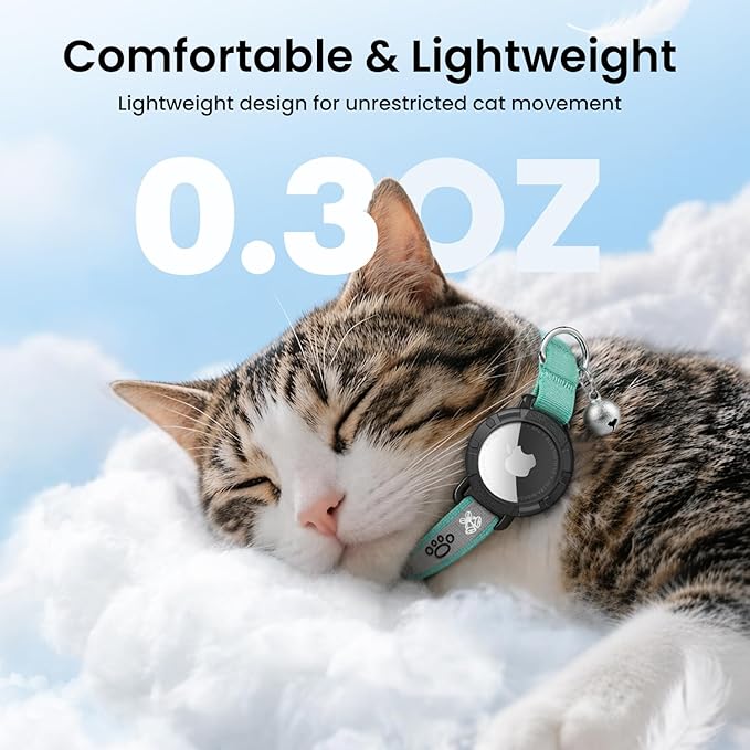 Reflective AirTag Cat Collar, Integrated Cat Tracker Collar with Air Tag Holder and Bell, Safety Elastic Band Cat GPS Collars for Girl Boy Cats, Kittens and Puppies (Green,S)