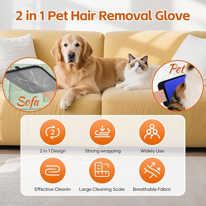 2 in 1 Pet Hair Removal Glove, Upgraded Pet Hair Remover Tool, Gentle Shedding Silicone Magic Brush for Dogs & Cats, Efficient Fur Removal Mitts for Couch Carpet Clothing (Blue)