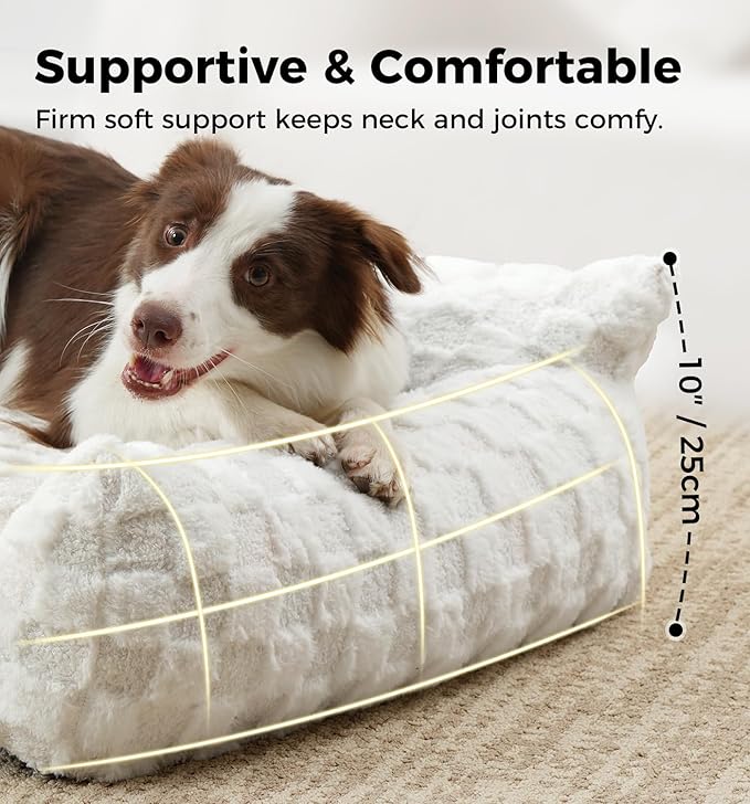 Made4Pets Cat Beds for Indoor Cats, Cat Couch Bed, Soft Faux Fur Checkered Pet Sofa, Calming Fluffy Kitten Sofa with Supportive Foam, Removable Washable Cover with Non-Slip Base, White, Small