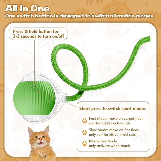 Interactive Cat Ball Toys for Indoor Cats, Upgraded Automatic Cat Toys for Bored Indoor Adult Kitty, Peppy Pet Ball for Cats, 360°Smart Rolling Kitty Balls Toy (Green)