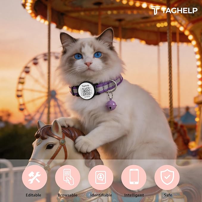 Smart Lost Pet Solution: QR Code Cat Collar Breakaway with Online ID, 2 Pack Reflective Adjustable Collar with Bells (7.5-12.5 Inch) for Indoor/Outdoor Cats, Purple by TAGHELP