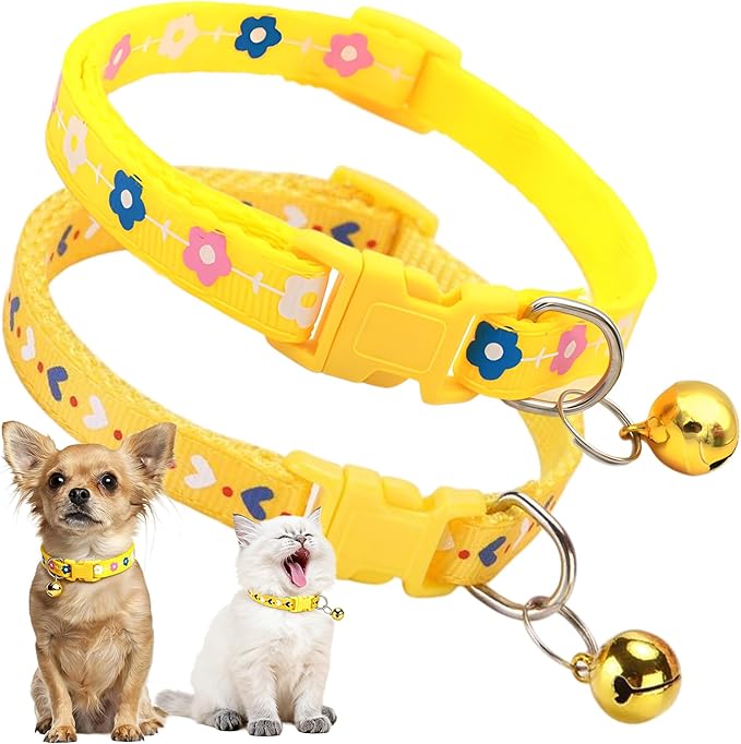 Yellow Small Dog Collar with Bell, 2-Pack Puppy Collar with Bell, Nylon Cute Male Cat Collars Adjustable for XXS XS Little Small Boys Kitten Dogs