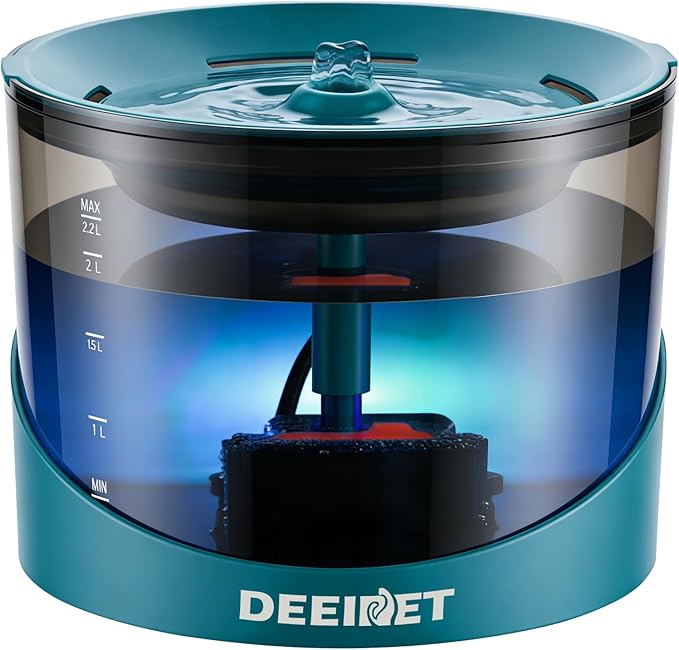 DEEIPET Cat Water Fountain, 74oz/2.2L Ultra Quiet Automatic Water Dispenser for Cats Dogs with Colorful LED Indicator, Water Bowl for Pets with Filter