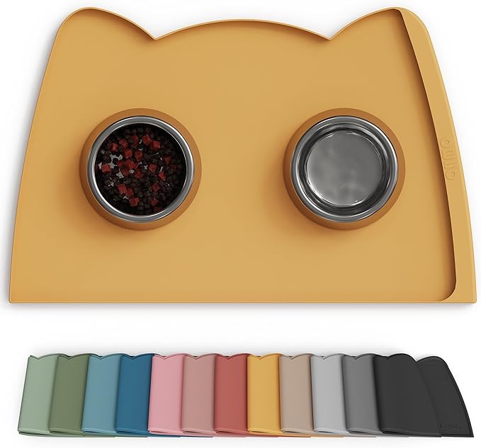 OHMO Dog Food Mat(Honey, 24 * 15'') w/Residue Collection Pocket Silicone Pet Feeding Mat for Floor High Edges Anti Spills Waterproof Cat Water Bowl Tray, Easy Clean Placemat