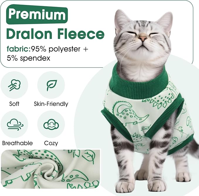 DENTRUN Sleeveless Cat Vest with Dinosaur Print, Breathable Ultra-Soft Dralon Fleece Cat Sweater, All-Season Pet Costume Apparel for Cats, Kitten Clothing for Indoor/Outdoor, Green, M