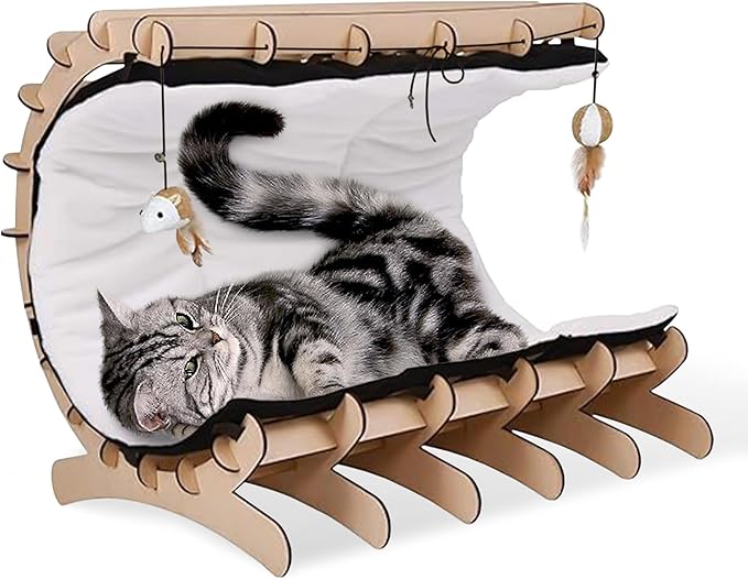 Upgraded Wooden Cat Bed with Plush Cushion – Semi-Cylinder Raised Cat Hammock Bed for Indoor Cats, Washable Pet Bed Support for Kittens, Large & Small Cats – Durable Cat Furniture & Cozy Cat Beds