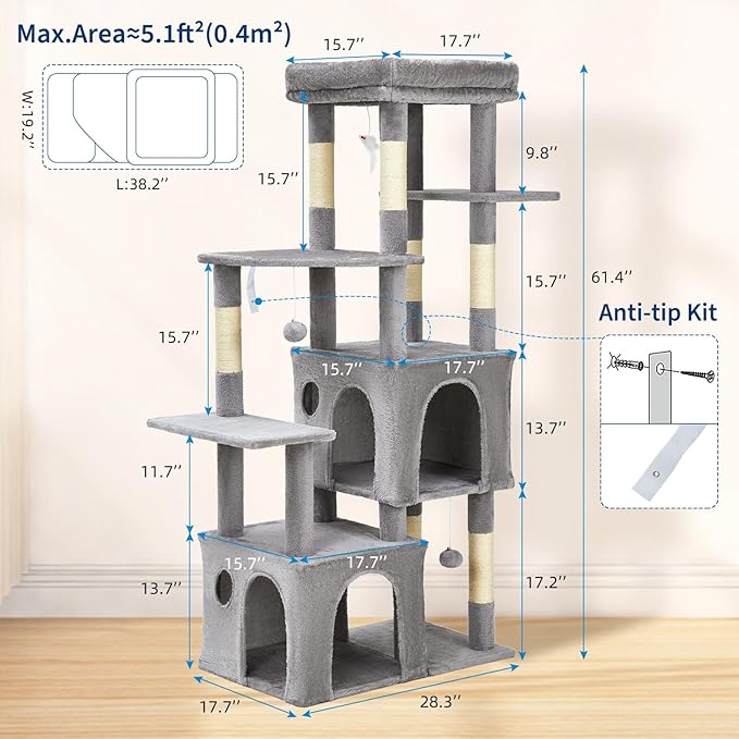 61.4 Inch Cat Tree, Large Cat Tower with Sisal Scratching Posts, 2 Spacious Cat Beds, Hanging Ball & Top Perch, Ideal for Large Indoor Adult Cats, Light Gray