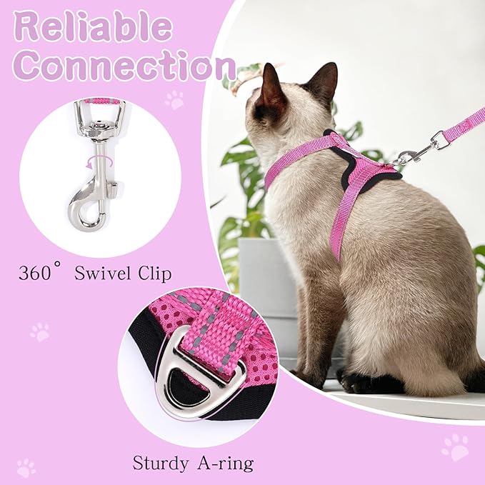 Cat Harness and Leash Set for Walking,Adjustable Escape Proof Kitten Harness and Leash with Reflective Strips,Easy to Wear Soft Breathable Harness for Cats Puppy Bunny Dogs Pink
