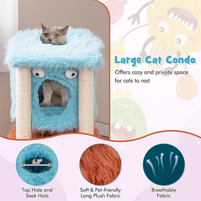 Tangkula Monster-Themed Cat Tree, 3-Level Cat Tower Activity Center with Large Cat Condo, Sisal Scratching Posts & Hanging Toys, Long Plush Cute Cat Tree Tower for Indoor Cats (34 Inch)