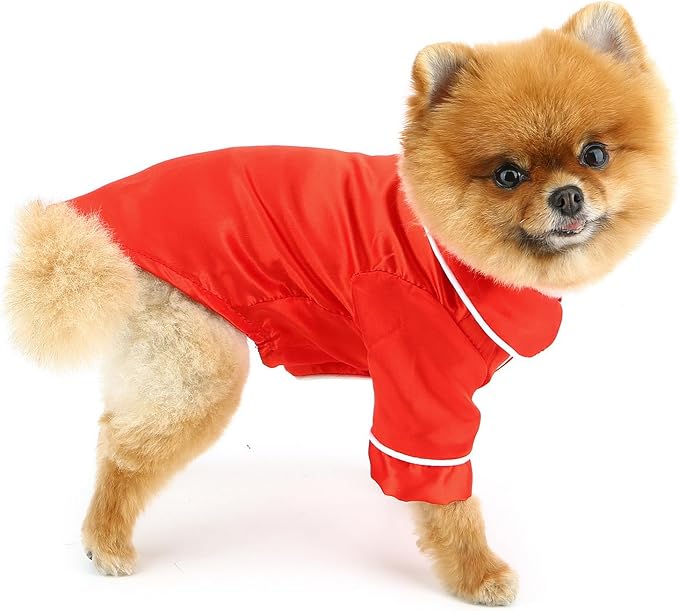 PAIDEFUL Soft Faux Silk Sleepwear for Small Dogs Cats Lapel Doggie Loungewear Lightweight Breathable Puppy Pajamas PJS Two-Legged Pet Shirt Clothes Summer Spring Chihuahua Apparel Button Up,Red,XXL