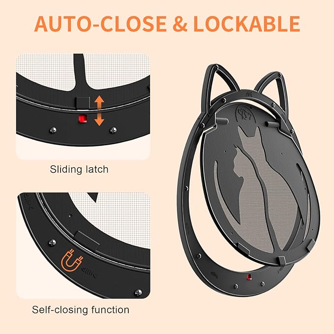 HIDROSIL Cat Door for Screen Door, Inside Openning 10x10x0.5 inch, Patent Desigh Pet Screen Door with Lockable Magnetic Flap for Doggy and Cat Door, Suitable 0-18lb Cats and Small Dogs, Black