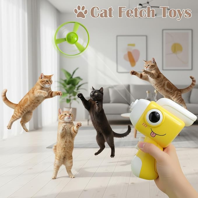 Interactive Cat Toy Fetch Launcher | Includes 8 Soft Discs for Indoor Cats | One-Press Easy Launch Cat Hunting Toy to Relieve Boredom | Ideal for Kittens and Adult Cats, Yellow