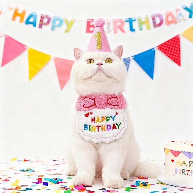 Reusable Cat Birthday Decorations Set - Adjustable Cat Birthday Hat & Bandana with Age Numbers | Kitty Celebration Kit for Memorable Milestones（Pink）