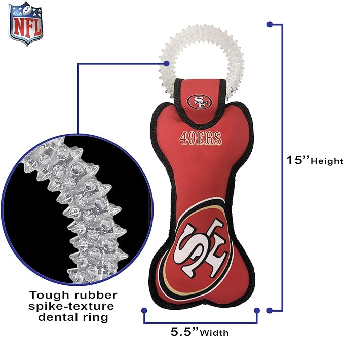 Pets First NFL SAN Francisco 49ERS Dental Dog TUG Toy with Squeaker. Tough PET Toy for Healthy Fun, Teething & Cleaning Pet's Teeth & Gum.