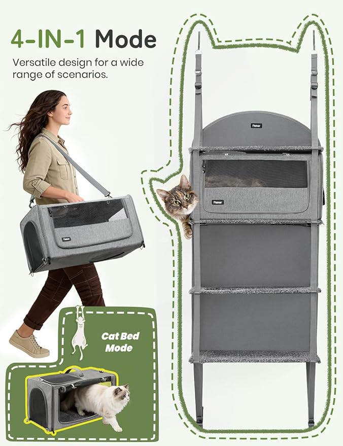 Pet Carrier for Small/Medium Cats Up to 22lbs, 4 in 1 Multi-Level Door Hanging Cat Tree Tower Condo for Indoor Cats, Collapsible and Tool-Free Assembly, Fits Doors <86in H