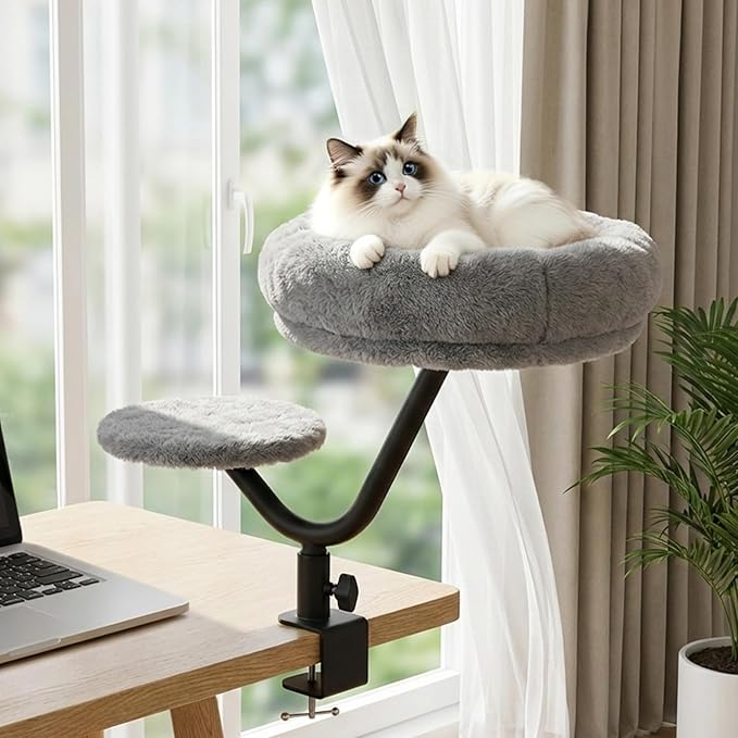 Cat Desk Bed, Desk Cat Bed Attachment for Indoor Cats, 360° Swivel Clamp-on Cats Perch with 40lbs Support, Sturdy Plush Resting Spot for Home Office,Gray
