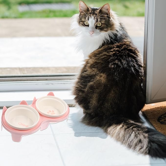Elevated Ceramic Cat Bowl Set with Thickened Pink Bowls and Anti-Slip Stand, Raised Pet Feeding and Watering Dish for Indoor Cats and Kittens