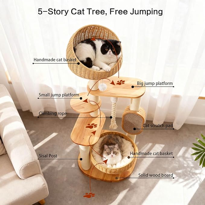 Solid Wood Cat Tree for Large Cat, 50-Inch Tall Cat Tower for Indoor Cats with Scratching Post, Multi-Level Cat Condo with Handwoven Basket, Sturdy Cat Houses Easy to Clean