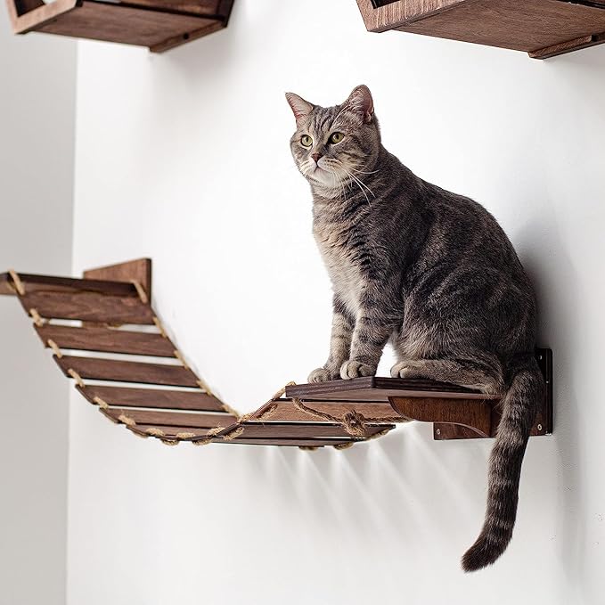 Wood Cat Bridge Cat Steps Cat Bed Wall Cat Toy Rustic Cat Tree Wall Decor Cat Lover Gift New Home Gift Cat Furniture Wall (Dark Walnut, Bridge & 3 steps)