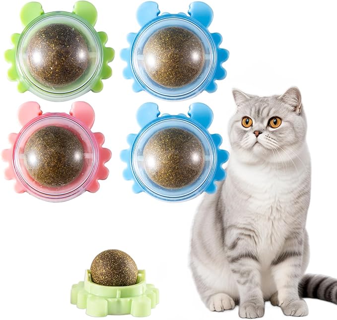 4 Packs Catnip Ball for Cats, Lickable Cat Toys Wall Mount with 360° Rolling & Spinning, Organic Cat Nip Chew Toys for Teeth Cleaning, Mint Magic Catnip Ball Toy for Indoor Cats