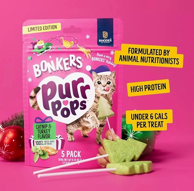 Bonkers Purrpops Limited Edition Christmas Themed Chicken Flavor Freeze-Dried Licks Cat Treats Catnip & Turkey Flavor - 1 Pack of 5 Units with Cat Spring Toys