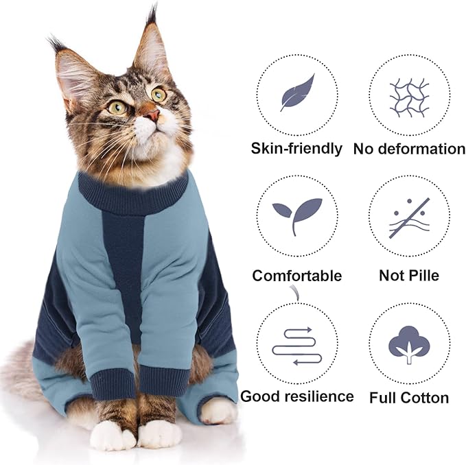 QBLEEV Sticky Hair Cat Clothes, Soft Cat Pajamas for Cats Only, Prevent Lost Fur Kitten Sweater Onesie, Stretchy Recovery Suit for Female Male Cats After Surgery Daily Wear, Blue, XL
