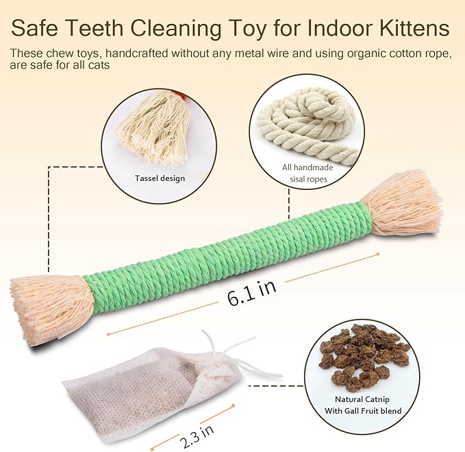 Retro Shaw Cat Toys Chew Ropes with Catnip, 6 Pack, Safe Teeth Cleaning Kitten Toys for Indoor Cats Kitty, Cat Nip Kicker Interactive Pet Toys 6.1 Inches