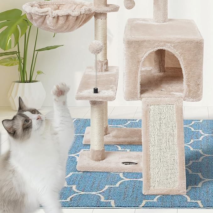 Beige Cute Cat Tree Tower for Indoor Cats Condo with Sisal Scratching Posts Jump Platform Furniture Activity Center Play House Bed