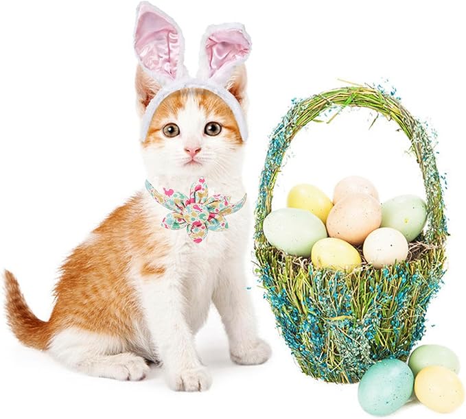 ADOGGYGO Easter Cat Collars with Removable Flower Bell, Adjustable Rabbit Easter Eggs Pattern Cat Floral Collars for Cats Kittens