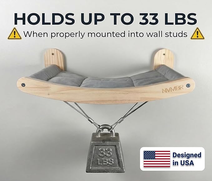 Cat Wall Shelf Bed Hammock with Sisal Stairs Set, Easy Install | 16 inch Stud Design | Holds up to 33 lbs | Indoor Shelf Lounge with Safety Bar Designed in USA