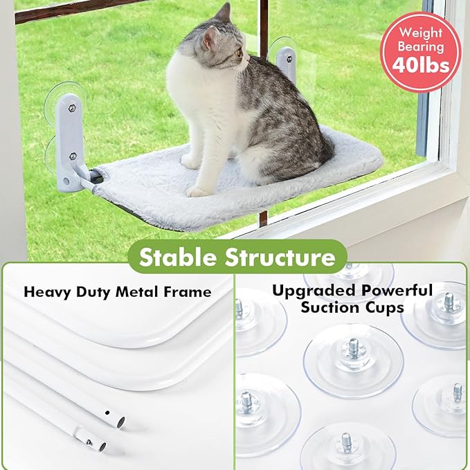 Zoratoo 2PC Cat Window Perch Cordless Foldable Cat Hammock Bed for Window with Metal Frame and Reversible Cover, Large Suction Cups Window Resting Seat for Indoor Cats (Cat Bed, M-2PC)