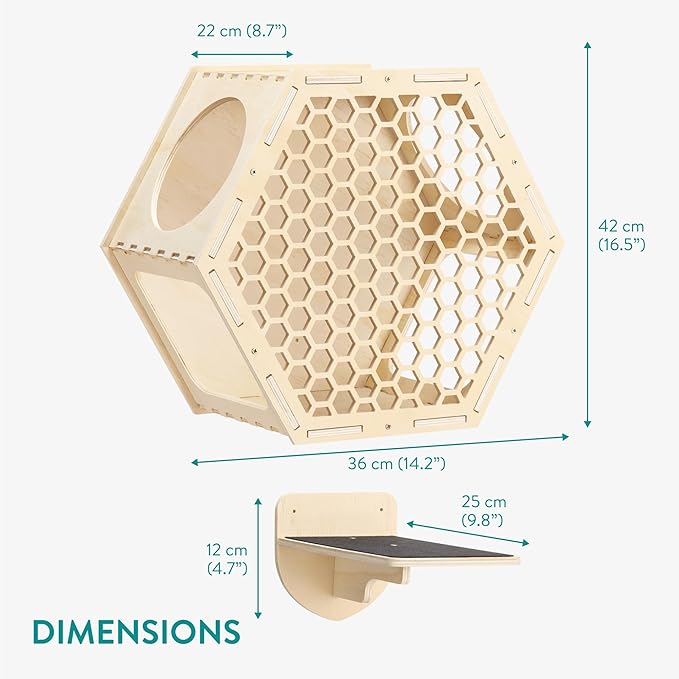 Navaris Cat Shelves for Wall (4 Pieces) - Set with Hexagon Shelf and 3 Steps - Wall Mounted Climbing Perch for Cats - Wall Mount Furniture for Walls