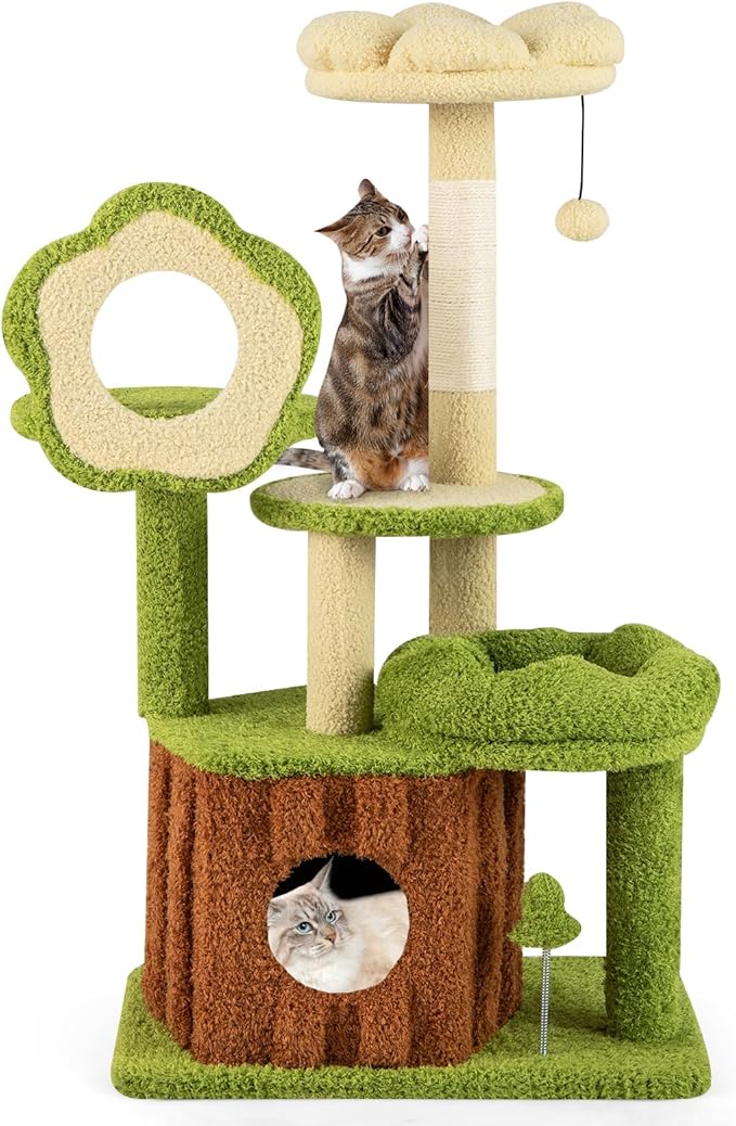 PETSITE Forest-Themed Multi-Level Cute Cat Tree, 40 Inches Tall with Sisal Scratching Posts, Condo, Dangling Ball, and Spring Toy, Ideal for Indoor Small & Medium Cats (21.5 x 16 x 40 inches)