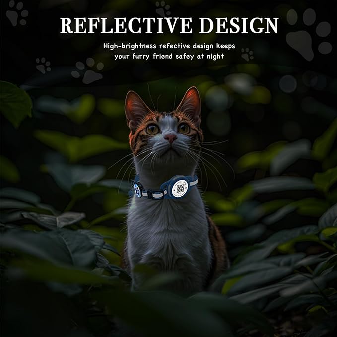 Cat Collar with Airtag Holder & QR Code Tag, Reflective Breakaway Kitten Collar with Quick Release Buckle, Adjustable Nylon Safety Collar for Indoor Outdoor Cats (Blue)
