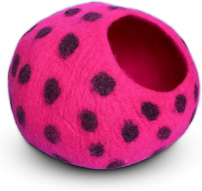 Woolygon Premium Felt Cat Cave Bed – Wool Kitty Beds Handcrafted Kitten Caves Bed for Indoor Cats - Made from Merino Wool, Foldable Cat Hideaway Covered Cat House Pod (Pink Polka)