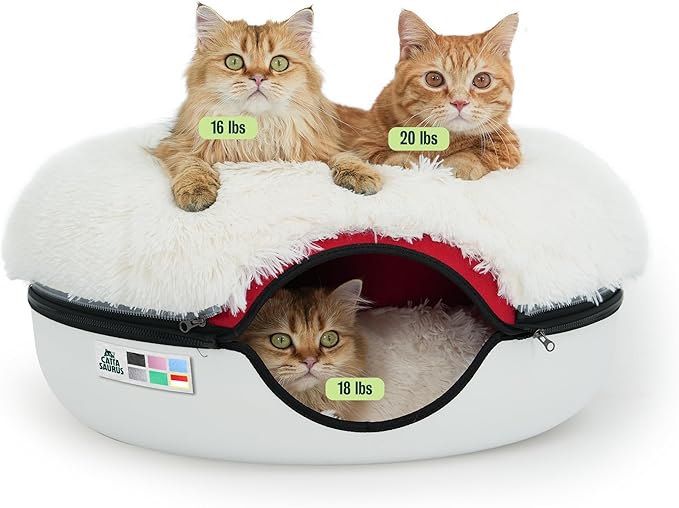 CATTASAURUS Peekaboo Cat Cave for Multiple & Large Cats Up to 30-45 Lbs, Fluffy Cat Beds & Furniture, Scratch Detachable & Washable Tunnel Bed, Comfy Donut Bed (Ruby Snowball, Large (Calming))