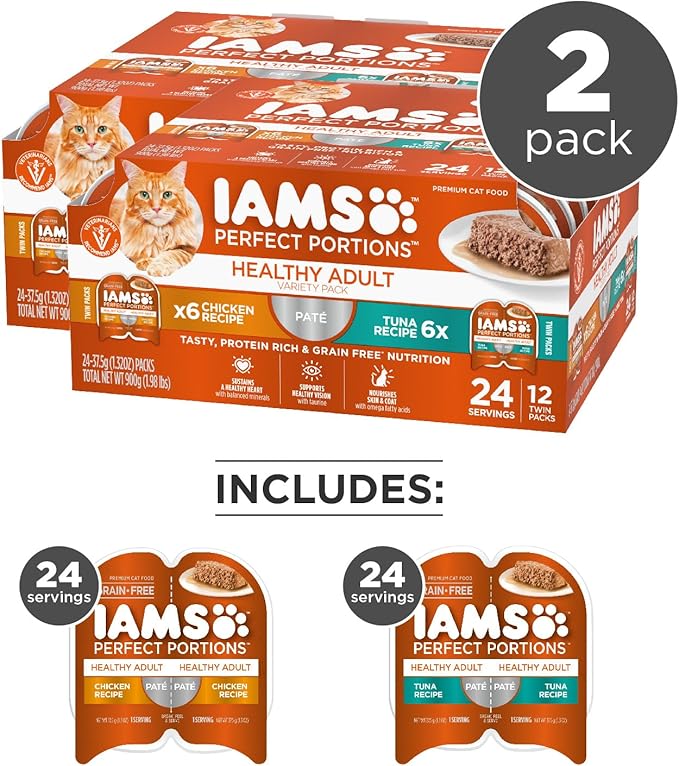 IAMS Perfect Portions Sensitive Digestion & Skin Wet Cat Food Pate, Healthy Adult Grain Free Pate, Chicken and Tuna Recipe, 2.6 oz. (24 Twin Packs)