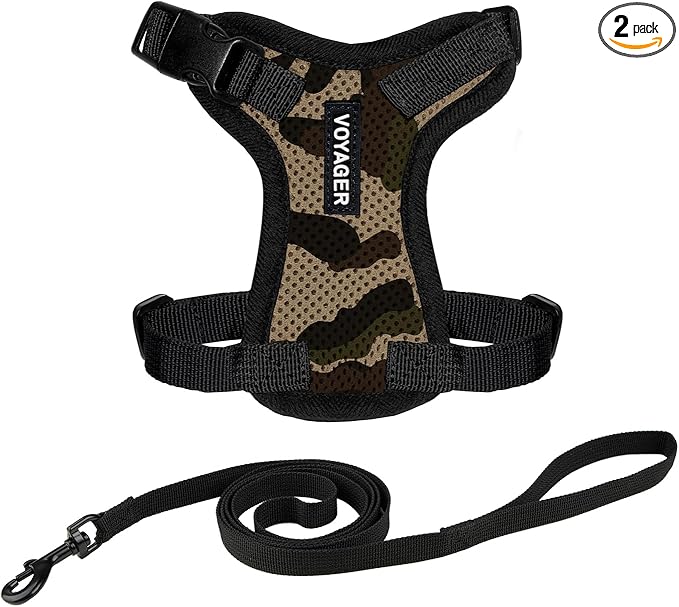 Voyager Escape-Proof Step-in Lock Cat Harness & 5ft Neoprene-Handle Leash Set All-Weather Mesh with Reflective Stitching for Small to Large Cats by Best Pet Supplies, Army/Black Trim, XXXS