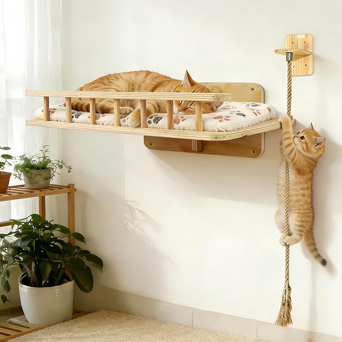 Wall-Mounted Cat Bed & 4.3ft Climbing Rope, with Soft Cushion & Cool Mat, Wall-Mounted Cat Furniture for Sleep Climb, Easy DIY Installation