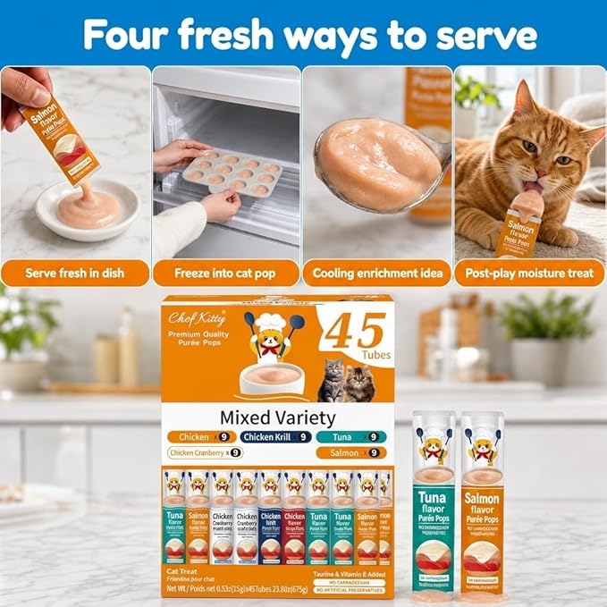 Cat Treats Lickable | Grain-Free Cat Food Toppers, High Protein | Creamy Puree Squeeze Ups with Vitamin E & Taurine, Digestible Formula | 0.5 oz. Each Tube, Chicken & Seafood Mix Variety | 45 Tubes